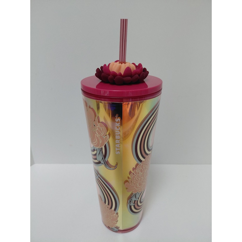 Starbucks 2024 Lunar‎ New Year Iridescent Gold Floral Tumbler with Flower Topper
